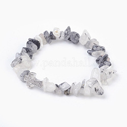 Natural Rutilated Quartz Beads Stretch Bracelets, with Brass Micro Pave Cubic Zirconia Beads, Chip and Cross, Platinum, 2-1/8 inch(5.3cm)~2-1/8 inch(5.5cm)