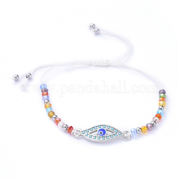 Bracelets de perles de nylon tressés réglables, avec perles en 201 acier inoxydable, perles de verre et maillons en alliage émaillé, mauvais œil, colorées, diamètre intérieur: 1-3/8 pouce ~ 3-1/4 pouces (3.3~8.2 cm)