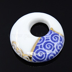 Шинуазри ручной фарфоровые кулоны, с помахал рисунком, диск, синие, 37x8 мм, отверстие : 13 мм