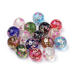 Perles en verre imprimées, ronde avec motif de fleurs, couleur mixte, 10x9mm, Trou: 1.5mm