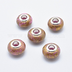 Perles européennes artisanales en pâte de polymère, avec noyaux en laiton plaqué couleur argent, Perles avec un grand trou   , rondelle, flamant, 13~16x8~11mm, Trou: 4.5~5mm