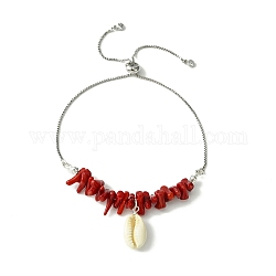 Bracelet coulissant à breloques en coquillages naturels, bracelet en perles de corail synthétique avec chaînes en laiton, 12-5/8 pouce (32 cm)