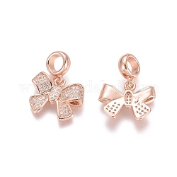 Brass Micro Pave Cubic Zirconia European Dangle Charms, Large Hole Pendants, Bowknot, Clear, Rose Gold, 23mm, Bowknot: 13.5x17x3.5mm, Hole: 5mm