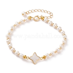 Bracciali con collegamento a stella conchiglia bianca naturale, con perle perline naturali, perle in ottone e fermagli ad anello a molla, colore conchiglia, oro, 7-5/8 pollice (19.5 cm)