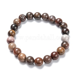 Bracelets de perles extensibles en bois pétrifié naturel, ronde, diamètre intérieur: 2-1/8 pouce (5.5 cm), perles: 8~9 mm