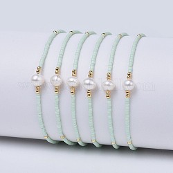 Adjustable Nylon Cord Braided Bead Bracelets, with Japanese Seed Beads and Pearl, Azure, 2 inch~2-3/4 inch(5~7.1cm)