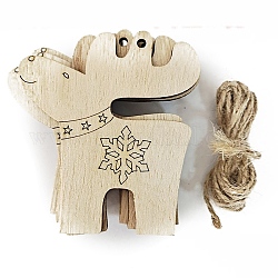 Decorazioni pendenti in legno grezzo, con corda di canapa, per addobbi natalizi, cervo, 7.5x6.7cm, 10pcs/scatola