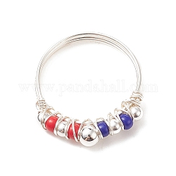 Independence Day Japanese Seed Braided Bead Finger Ring, Silver Brass Wire Wrapped Jewelry for Women, Colorful, Inner Diameter: 17.6mm