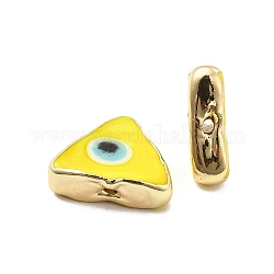 Perle di smalto in ottone, placcato di lunga durata, vero placcato oro 18k, triangolo con motivo malocchio, giallo, 10~11.5x13~13.5x4~5mm, Foro: 1.6~1.8 mm