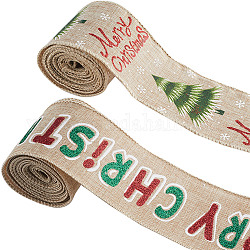 Gorgecraft 2 Rolls 2 Styles Christmas Printed Linen Ribbon, for Gift Wrapping, Party Decoration, Word Merry Christmas & Christmas Tree Pattern, Peru, Mixed Patterns, 2-1/2 inch(63mm), about 5.47 Yards(5m)/Bag, 1 roll/style
