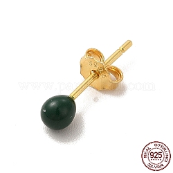 Runde Kugel-Ohrstecker aus Emaille, goldener 925 Sterlingsilberschmuck für Frauen, dunkelgrün, 14.5x3 mm, Stift: 0.8 mm