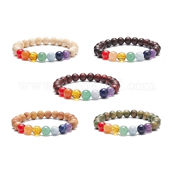 5 pièces 5 style bois naturel et pierres précieuses mélangées ensemble de bracelets extensibles perlés ronds, bijoux de yoga chakra pour femmes, diamètre intérieur: 2-1/8 pouce (5.5 cm), 1pc / style