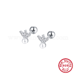 Boucles d'oreilles à tige en argent sterling plaqué rhodium, 925 micro pavé de zircones cubiques, fleur, avec perle naturelle et 925 tampon, platine, 6mm