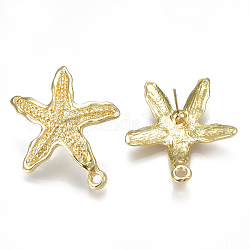 Fornituras de aretes de aleación, con bucle, alfileres de acero, Estrella de mar / estrellas de mar, la luz de oro, 33x28mm, agujero: 2 mm, pin: 0.7 mm