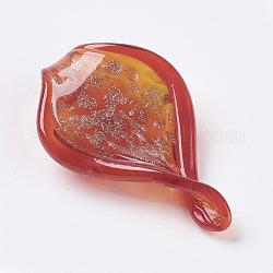 Handmade Gold Sand Lampwork Big Pendants, Leaf, Orange Red, 69~75x42~48x6~8mm, Hole: 7x7mm