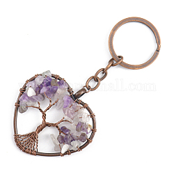 Porte-clés pendentif améthyste naturelle, avec accessoires en laiton et porte-clés en alliage, coeur avec l'arbre de la vie, 10.7 cm