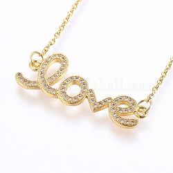 304 Stainless Steel Pendant Necklaces, with Cubic Zirconia, Word Love, Golden, 19.29 inch(49cm), Links: 33.5x13x2mm