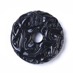Pendentifs en obsidienne noire naturelles, sculpture kylin, plat rond, 46.5x10.5mm, Trou: 1.5mm