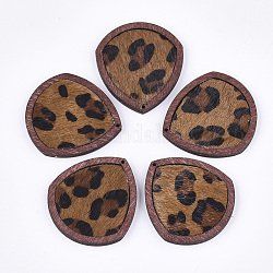 Pendentifs en cuir de vachette écologique, avec du bois teint, larme, avec imprimé léopard, chocolat, 41x37.5x4mm, Trou: 1.2mm