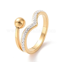 Ola de rhinestone de cristal con anillo de dedo de bola redonda, chapado en iones (ip) 304 joyería de acero inoxidable para mujer, dorado, nosotros tamaño 6~9 (16.5~18.9 mm)