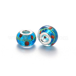 Handgemachte glasperlen murano glas großlochperlen, großes Loch Rondell Perlen, mit Platin-Ton Messing Doppeladern, Rondell, Deep-Sky-blau, 14~15x9~10 mm, Bohrung: 5 mm
