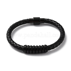 Bracelet cordon rond tressé cuir, avec 304 fermoirs magnétiques et perles en acier inoxydable pour hommes femmes, électrophorèse noir, 8-1/2 pouce (21.5 cm)