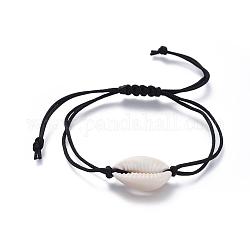 Verstellbare geflochtene Perlenarmbänder aus Nylonfaden, mit natürlichen Kaurimuschel Perlen, Schwarz, 32.1 cm