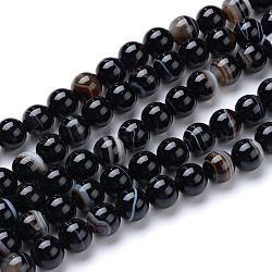 Agata a strisce naturali / fili di perle di agata fasciate, tinto, tondo, nero, 6mm, Foro: 1 mm, circa 70pcs/filo, 15.7 pollice