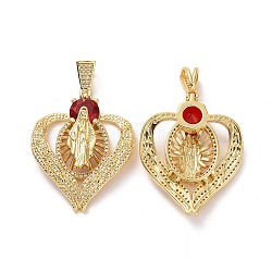 Ottone micro spianare pendenti zirconi, cuore con ciondoli religiosi vergine maria, oro, rosso, 43x34x8mm, Foro: 4x8 mm
