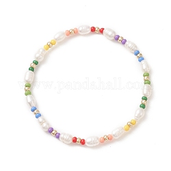 Pulsera elástica con cuentas de perlas naturales y semillas de colores para mujer, colorido, diámetro interior: 2-3/8 pulgada (5.9 cm)