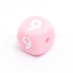 Perle di silicone, per la realizzazione di braccialetti o collane, stile dei numeri arabi, cubo rosa, num. 9, 10x10x10mm, Foro: 2 mm