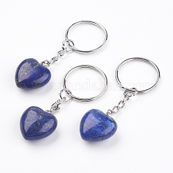 Porte-clés lapis lazuli naturel, avec les accessoires en fer de platine, cœur, 72mm