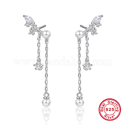 Rhodium Plated Platinum Plated 925 Sterling Silver Wing Stud Earrings with Shell Pearl, Cubic Zirconia Tassel Earrings, Clear, 20x13mm
