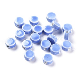 Abalorios de porcelana hechas a mano, porcelánico esmaltado brillante, plano y redondo, azul aciano, 8~8.5x4~4.5mm, agujero: 2 mm
