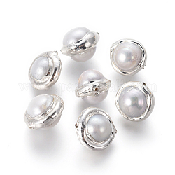 Perlas naturales abalorios de agua dulce cultivadas, con fornituras de latón, cuerpo celestial, blanco, color plateado, 12.5~15x10~12mm, agujero: 0.7 mm