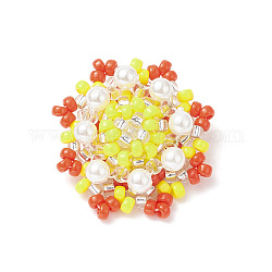 Perles de rocailles en verre motif métier à tisser, avec coquillage perlé, Pendentif fleur, jaune, 21x21x8.5mm, Trou: 0.8mm