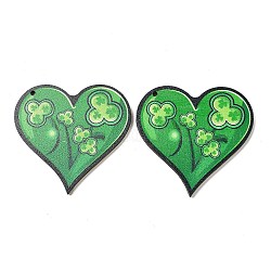Pendenti in legno stampato a faccia singola per il giorno di San Patrizio, ciondoli a cuore con trifoglio, verde, 47x49.5x2.5mm, Foro: 2 mm