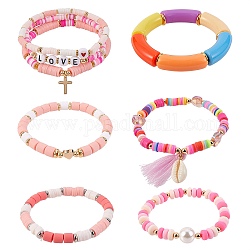 8 pièces 8 style mot d'amour argile polymère heishi perlé bracelets extensibles ensemble pour adolescente femmes, gros bracelets de perles acryliques à tubes incurvés, bracelets à breloques cauris, couleur mixte, 2-1/8 pouce (5.4 cm), 8 pièces / kit