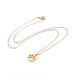 304 Stainless Steel Pendant Necklaces, with Brass Cable Chain and Lobster Claw Clasps, Flat Round with Dog Paw Prints, Golden, 17.52 inch(44.5cm)