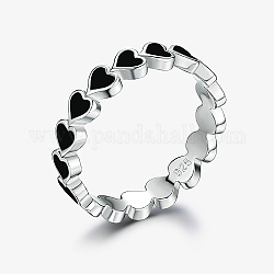 Platinum Rhodium Plated 925 Sterling Silver Heart Finger Rings, with Enamel, Black, Inner Diameter: 16mm