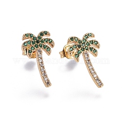 Brass Micro Pave Cubic Zirconia Stud Earrings, Coconut Tree, Golden, Colorful, 15.5x9.2x1.8mm, Pin: 0.7mm