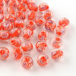 Perles vernissées lumineuses manuelles de fleurs intérieures, ronde, rouge, 8mm, Trou: 1mm