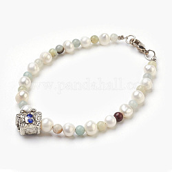 Bracelets de perles d'amazonite de fleurs naturelles, avec nacre naturelle et accessoires en alliage avec strass, papillon, 7-1/2 pouce (19 cm)