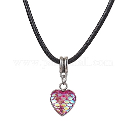 Herz mit Fischschuppenform 304 aus Edelstahl mit Harzanhänger-Halsketten, mit Kunstlederschnüre, neon rosa , 17.52 Zoll (44.5 cm)