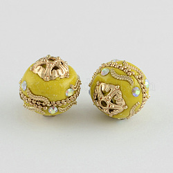 Round Handmade Grade A Rhinestone Indonesia Beads, with Alloy Golden Metal Color Cores, Light Khaki, 18x19mm, Hole: 2mm