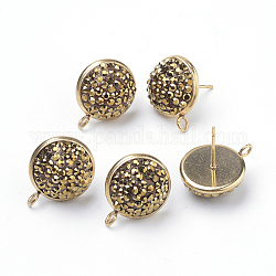 Polymer Clay Rhinestone Stud Earring Findings, with Loop, Stainless Steel Findings, Flat Round, Golden, Light Topaz, 17x14mm, Hole: 2mm, Pin: 0.6mm