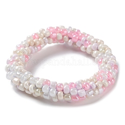 Bracelet extensible tressé en perles de verre au crochet, bracelet style bohème népel, rose, diamètre intérieur: 1-3/4 pouce (4.5 cm)