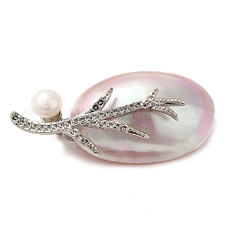 Broches ovalados de concha blanca teñida natural para mujer, con pasador de latón y perla, rubor lavanda, 24~24.5x49.5~57x14~18.5mm