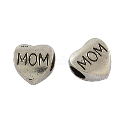 Mother's Day Tibetan Style Zinc Alloy European Beads, Heart with Word Mom, Lead Free & Cadmium Free, Antique Silver, 10.5x10.5x6.5mm, Hole: 4.8mm