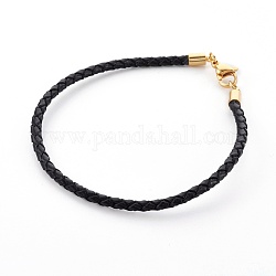 Toma de cable de pulsera de cuero trenzado, con 304 de acero inoxidable broches pinza de langosta, dorado, negro, 8-3/8 pulgada (21.4 cm), 3mm